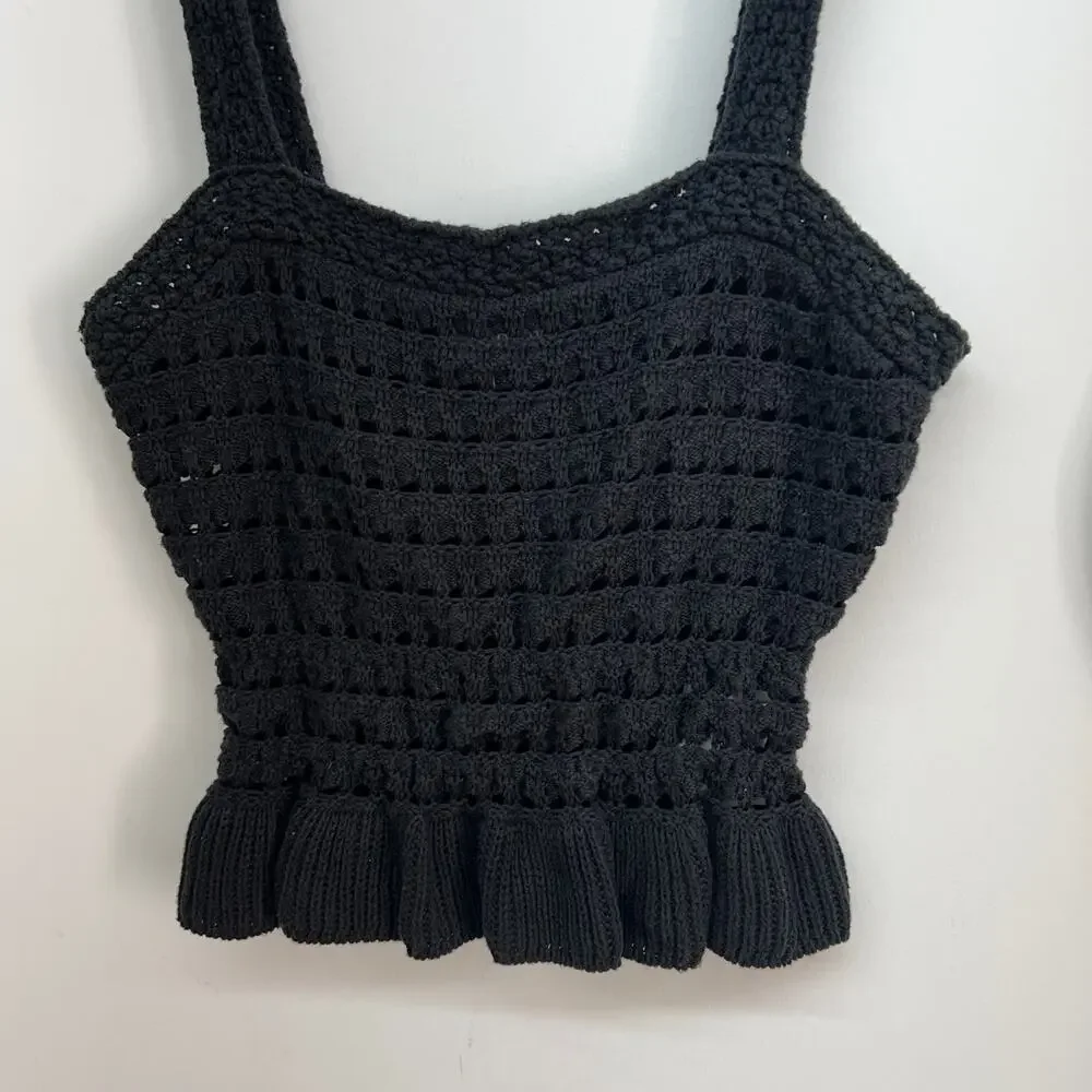 J. Crew Black Crochet Ruffle Sweater Tank Top Small Neutral Minimalist Preppy